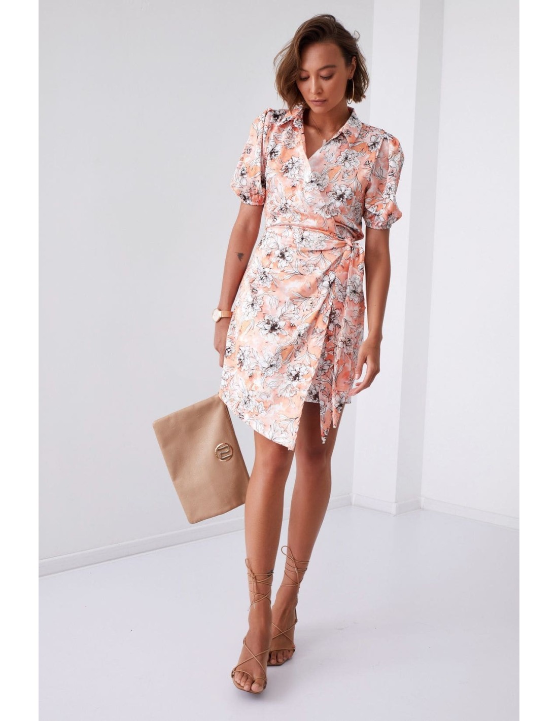 Floral print wrap dress with collar, light orange FG638 - Online store - Boutique